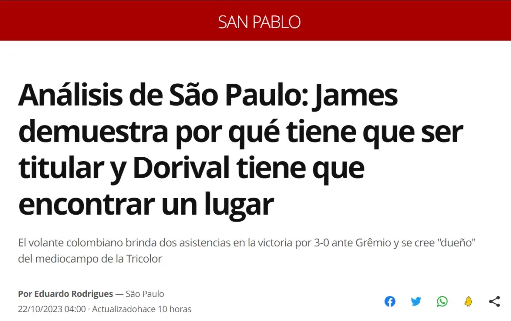 Globo Esporte sobre James tras la goleada de Sao Paulo a Gremio.