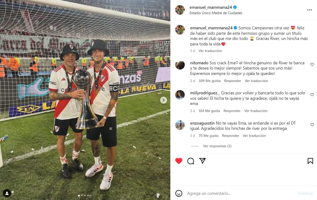 El mensaje de Mammana en su cuenta de Instagram.