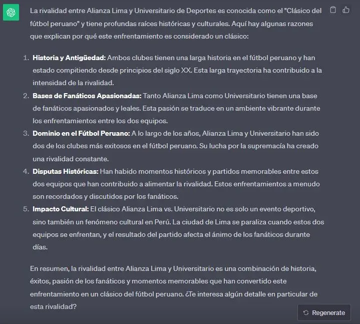 La explicación de ChatGPT sobre el clásico del fútbol peruano. (Foto: ChatGPT).