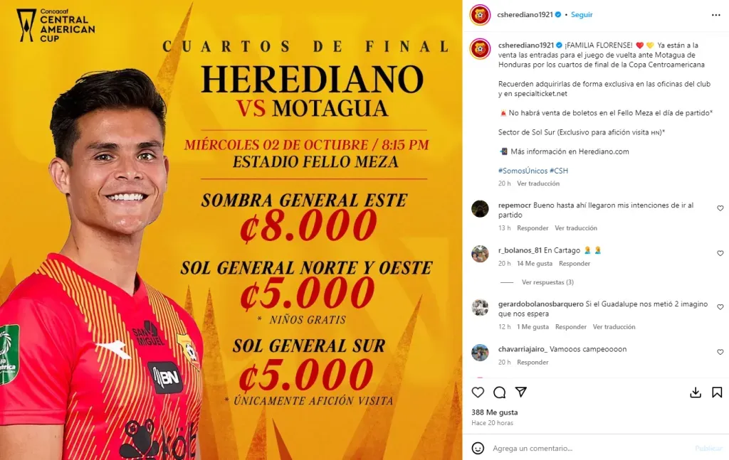 La publicación de Instagram en la que se supo dónde jugará Herediano.