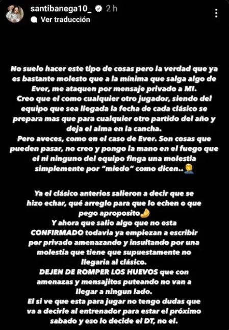 El hijo de Ever Banega denunció amenazas en Instagram.