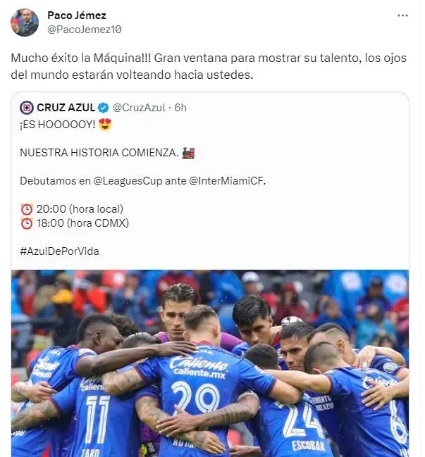 El mensaje de Paco Jémez a Cruz Azul (Twitter)