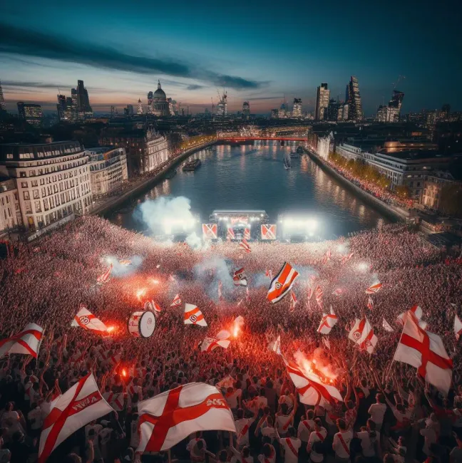 La capital inglesa, copada por hinchas de River (Foto: Bing Image Generator, Dall-E-3)