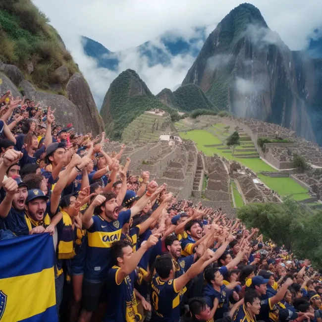 Las ruinas incas, repletas de hinchas de Boca. (Foto: Bing Image Generator, Dall-E-3)