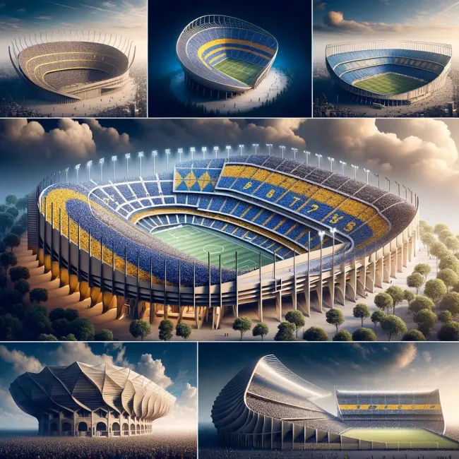 Distintos diseños de estadio, todos pintados con los colores de Boca.