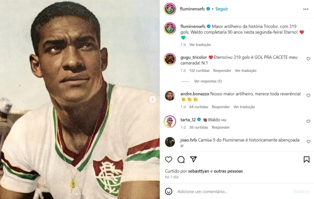 Print do post oficial realizado pelo clube em celebração dos 90 anos de Waldo Machado – Foto: Divulgação/Fluminense FC