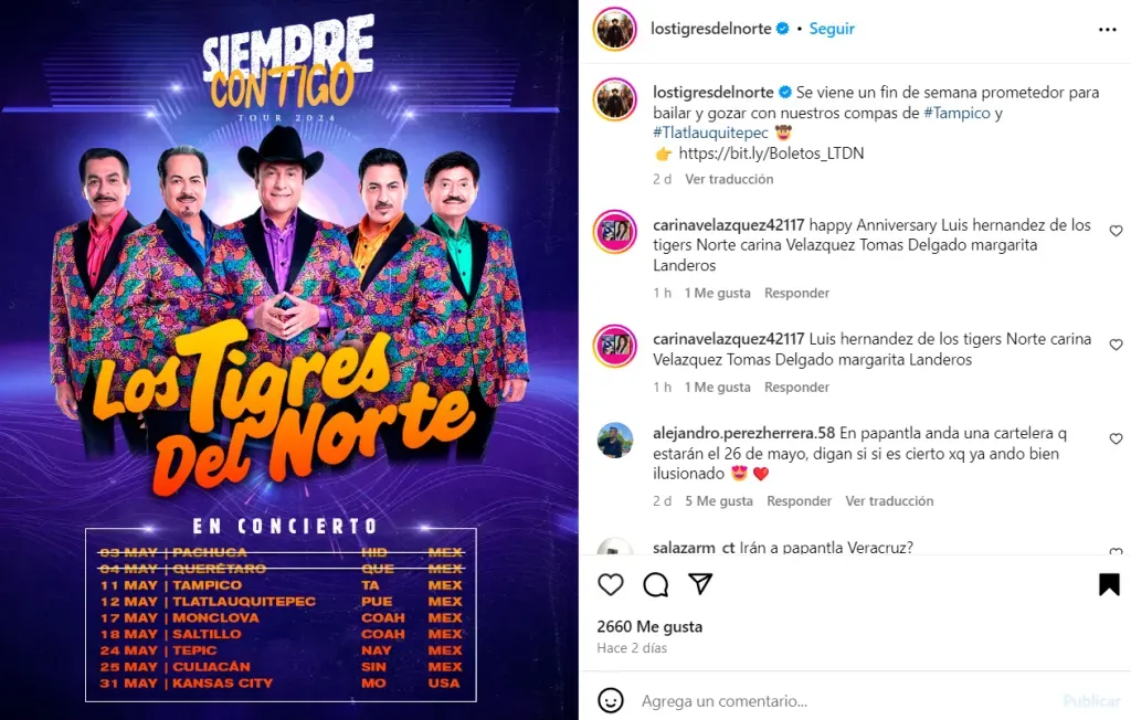 Prueba de que la agrupación se encuentra de gira por México, y que ninguno de sus miembros ha fallecido en días recientes.  Imagen: @lostigresdelnorte.