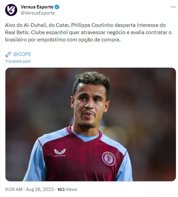 Philippe Coutinho é anunciado por clube do Qatar