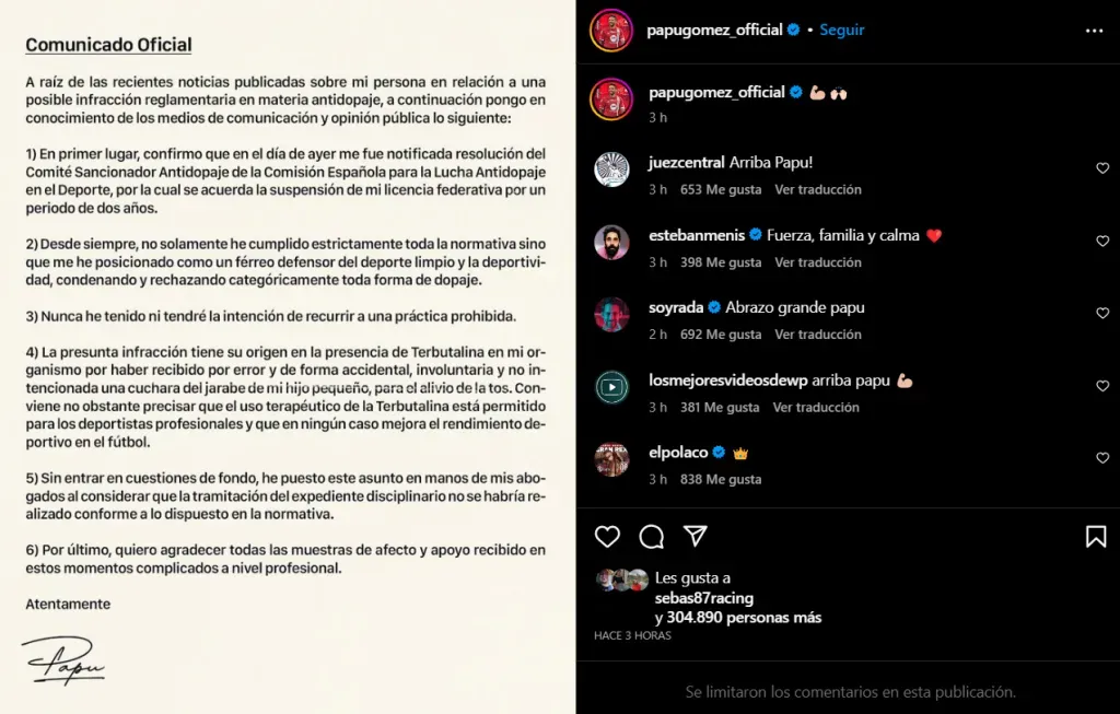 El comunicado oficial de Gómez en Instagram.