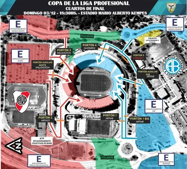 Los accesos para el duelo entre River vs. Belgrano en el Estadio Kempes.