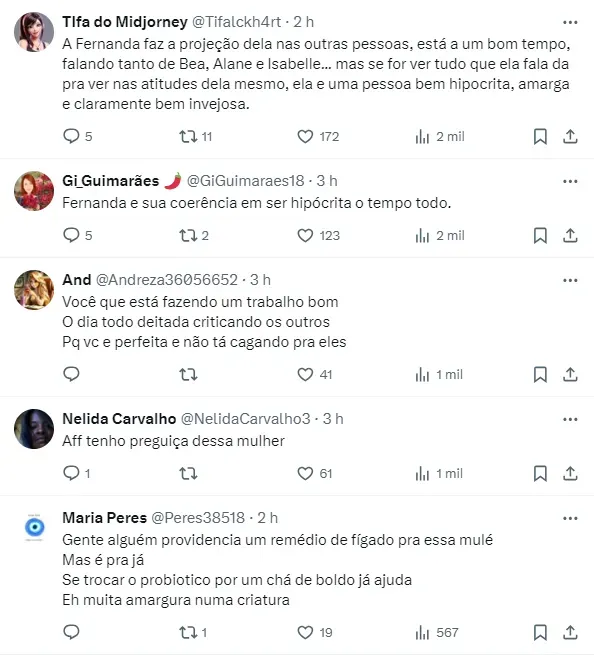 Internautas comentam falas de Fernanda sobre Isabelle – Foto: Twitter
