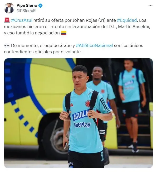 Cruz Azul retiró su oferta y no fichará a Johan Rojas (X)