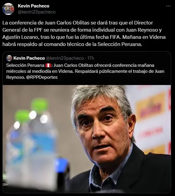 Juan Carlos Oblitas hablará al mediodía. (Foto: Twitter).
