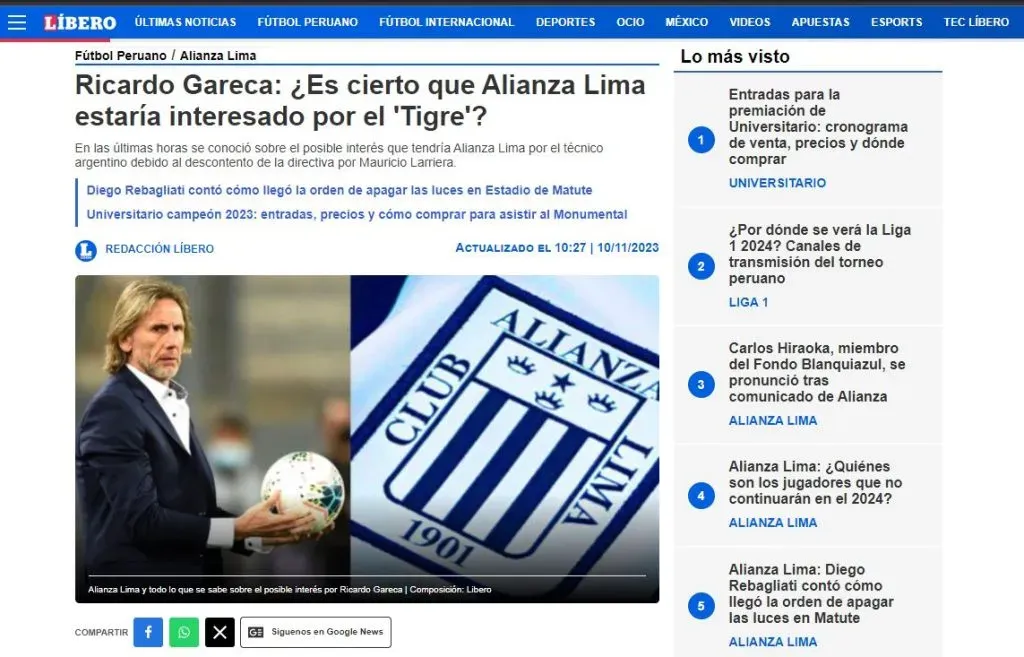 Diario Líbero cuenta la verdad sobre Ricardo Gareca y Alianza Lima. (Foto: Twitter).