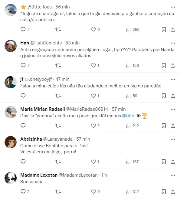 Internautas comentam sobre fala de Alane e Davi sobre Fernanda – Foto: Twitter