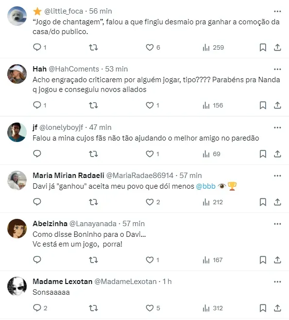 Internautas comentam sobre fala de Alane e Davi sobre Fernanda - Foto: Twitter