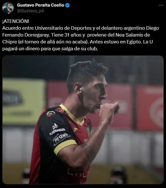Diego Dorregaray es el nuevo refuerzo de Universitario de Deportes. (Foto: Twitter).