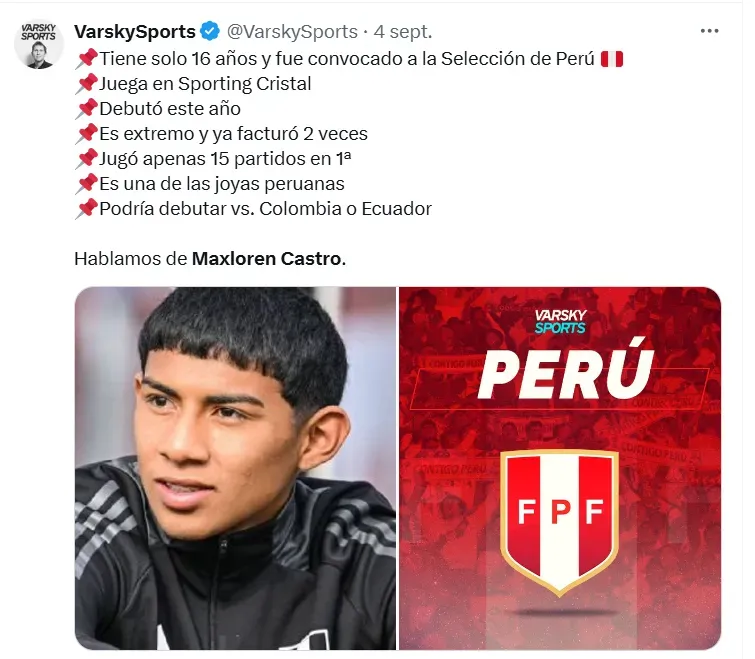 Castro, el talento de Perú. (Foto: X)