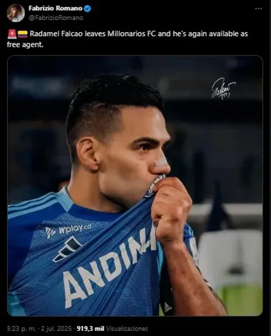 Romano sobre Falcao. (Foto: X / @FabrizioRomano)