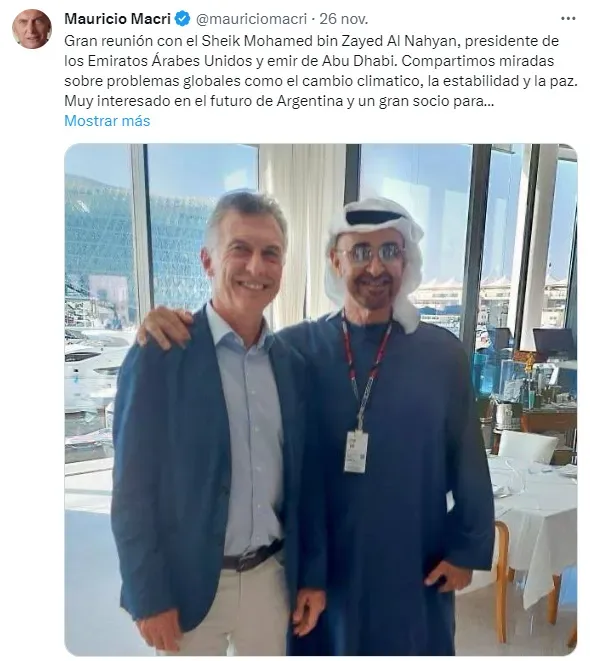 El tuit de Mauricio Macri con el que develó su reunión con el emir de Abu Dhabi.