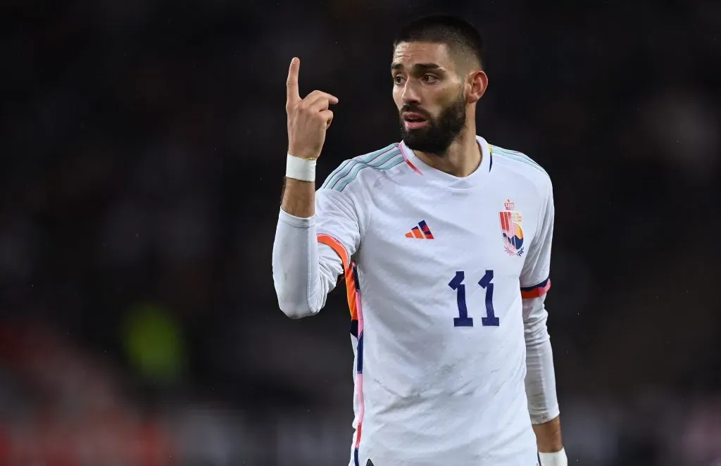 COLOGNE, GERMANY – MARCH 28: Yannick Carrasco of Belgium gestures during an international friendly match between Germany and Peru at RheinEnergieStadion on March 28, 2023 in Cologne, Germany. (Photo by Stuart Franklin/Getty Images)