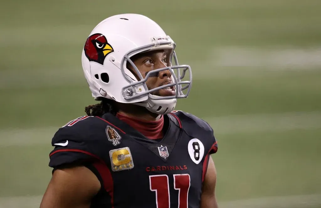 SEATTLE, WASHINGTON – NOVEMBER 19:  Larry Fitzgerald #11 of the Arizona Cardinals stands on the side of the field during their game against the Seattle Seahawks at Lumen Field on November 19, 2020 in Seattle, Washington. (Photo by Abbie Parr/Getty Images)