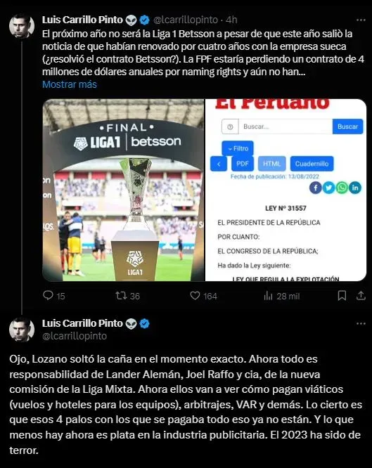 Información de Luis Carrillo Pinto sobre el futuro de la Liga 1. (Foto: Twitter).