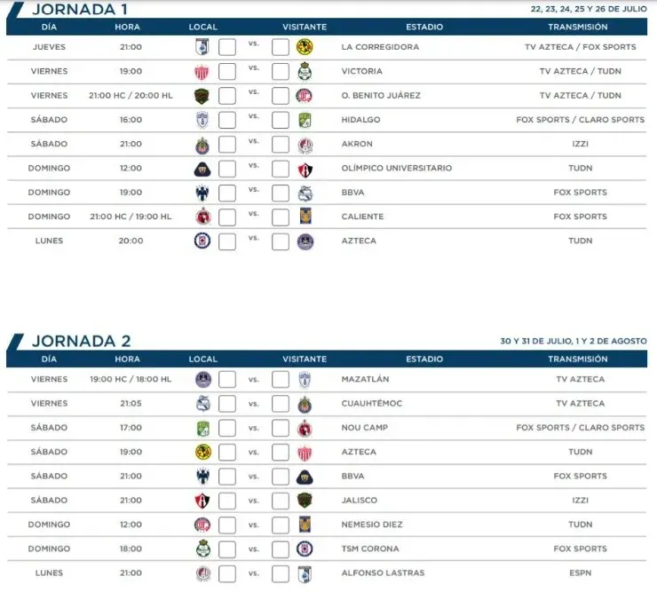 Liga MX Apertura 2021 Matchday 1 and 2. (ligamx.net)