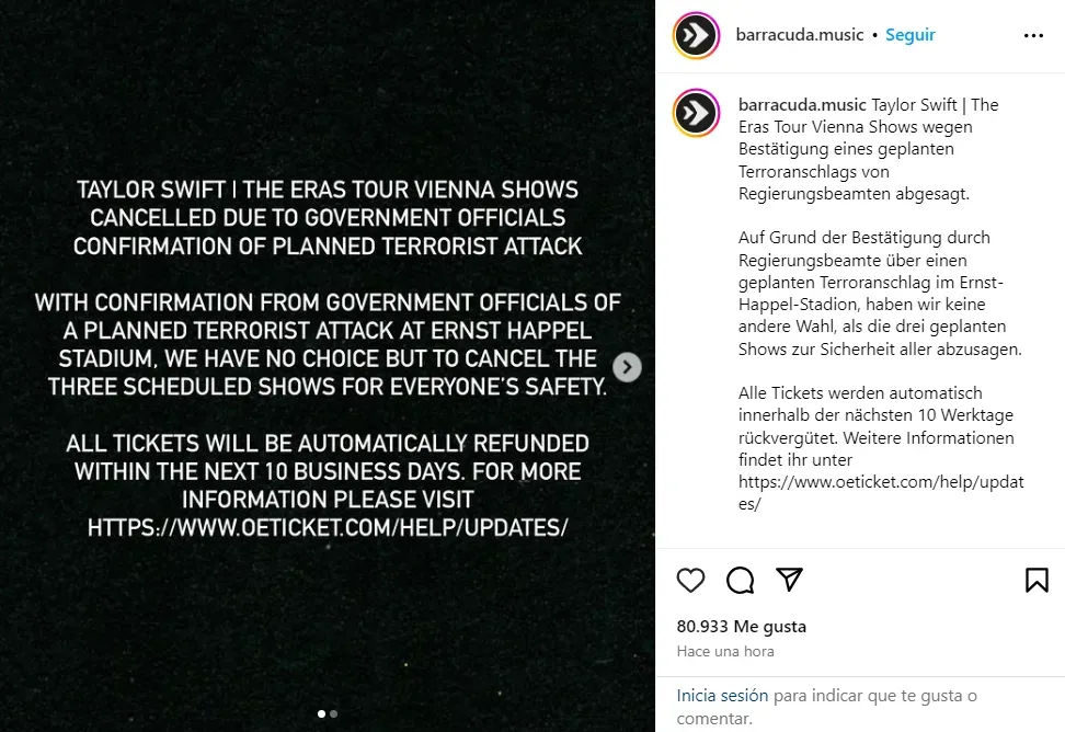 Con esta publicación en sus redes sociales, Barracuda Music avisó la cancelación de los conciertos de Taylor Swift en Viena. Imagen: @barracuda.music.