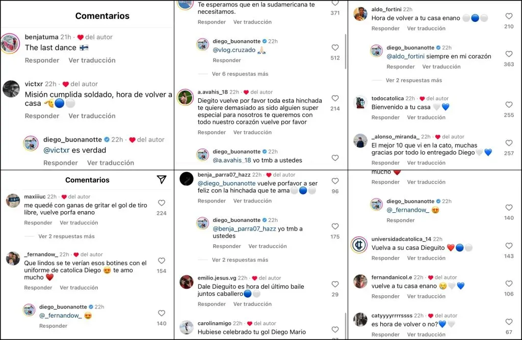 Los comentarios de los hinchas likeados por Buonanotte. | Captura