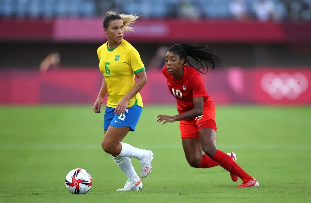 RIFU, MIYAGI, JAPAN – JULY 30: Tamires #6 of Team Brazil is closed down by Ashley Lawrence #10 of Team Canada during the Women’s Quarter Final match between Canada and Brazil on day seven of the Tokyo 2020 Olympic Games at Miyagi Stadium on July 30, 2021 in Rifu, Miyagi, Japan. (Photo by Koki Nagahama/Getty Images)