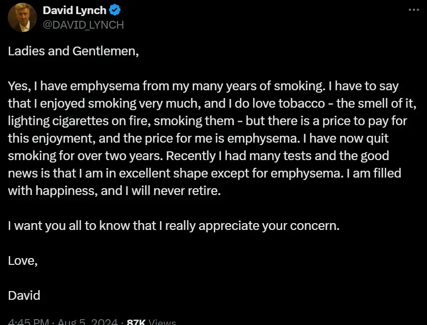 David Lynch’s post on X (X:@davidlynch)