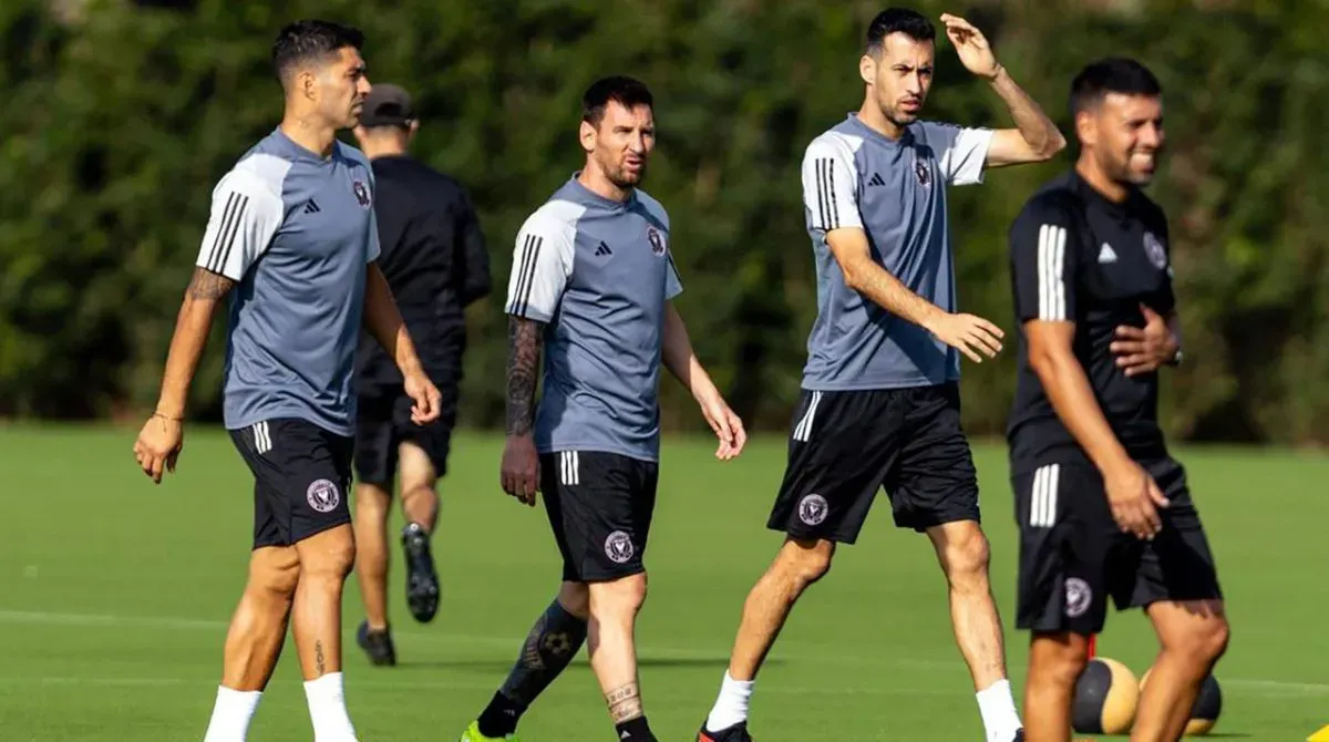 Luis Suarez, Lionel Messi, and Sergio Busquets training for Inter Miami