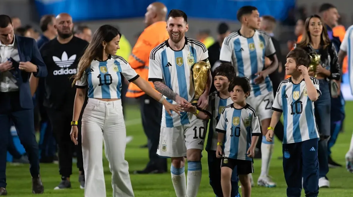 Lionel Messi with his family including Thiago at the World Cup Final in 2022