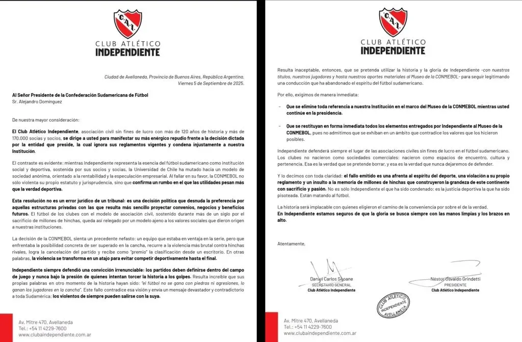La carta abierta de Independiente a Conmebol. (@GerGarcíaGrova/X)