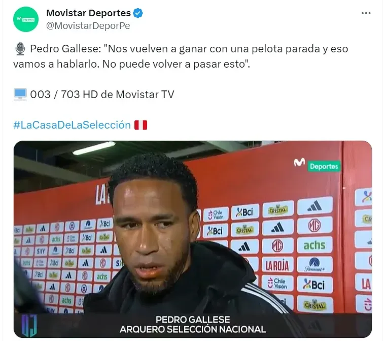 Pedro Gallese declaró tras el partido entre Perú vs Chile. | Créditos: Twitter Movistar Deportes.