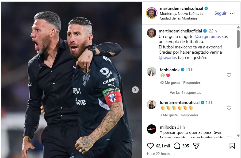 El posteo de Demichelis saludando a Sergio Ramos.