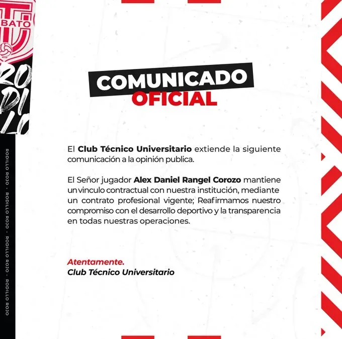 Este fue el comunicado de Técnico Universitario sobre Álex Rangel. (Foto: @TecnicoUOficial)