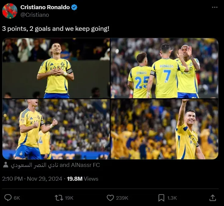 Cristiano Ronaldo shared a message on social media following Al-Nassr’s win over Damac.