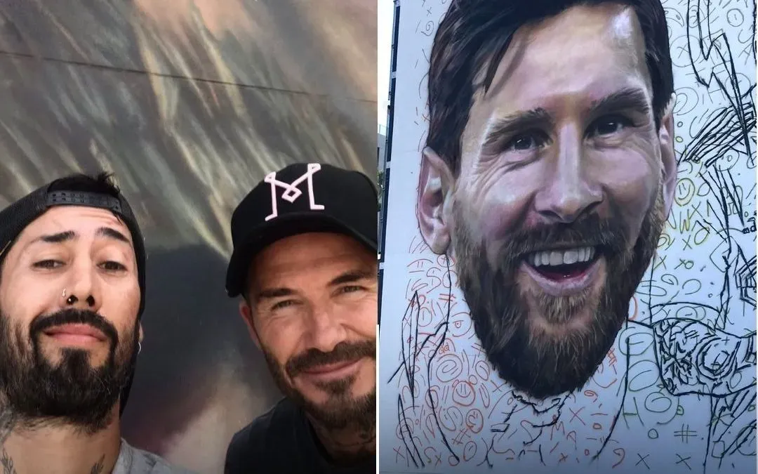 A la izquierda, Maxi Bagnasco, artista argentino, junto a David Beckham. A la derecha, el mural que pintó Bagnasco en Miami. Foto: @maxibagnascook