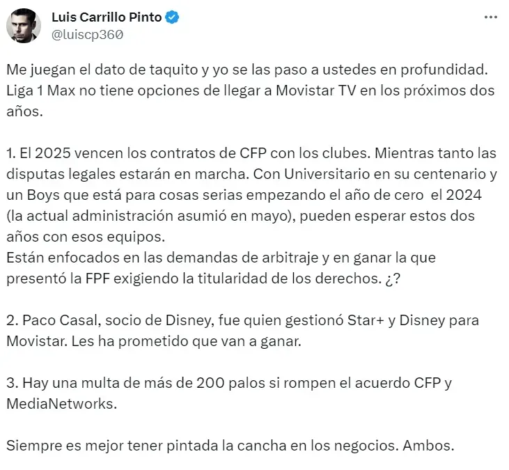 ¿Liga 1 MAX y Movistar Deportes podrían unirse? Luis Carrillo Pinto responde. (Foto: Luis Carrillo Pinto)