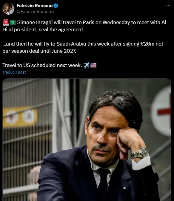 Fabrizio Romano confirmó acuerdo con Inzaghi (Foto: X).