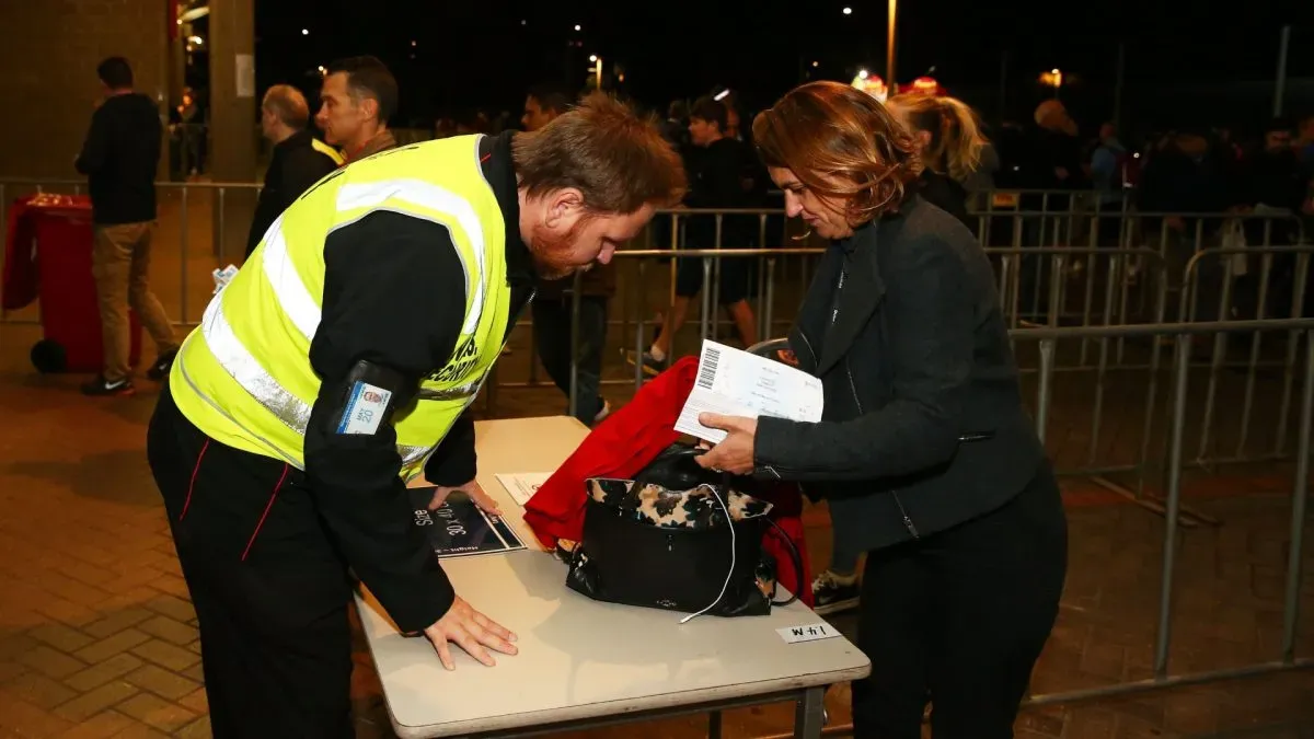 The bags of supporters are checked by security prior to the International Friendly match between Sydney FC and Liverpool FC at ANZ Stadium on May 24, 2017. (Source: Matt King/Getty Images)