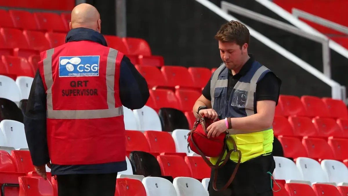 A bag is searched in the stands prior to the Barclays Premier League match between Manchester United and AFC Bournemouth in 2016. (Source: Alex Livesey/Getty Images)
