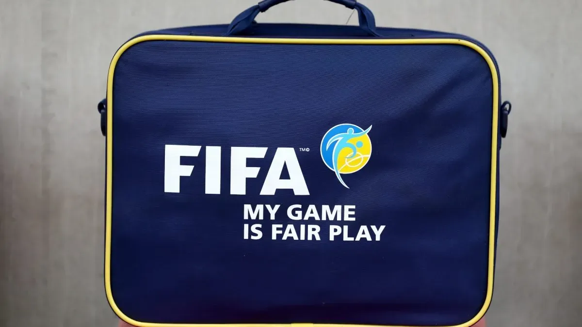 FIFA suitcase is seen on the bench prior to the Women’s International Friendly match between Belgium and Japan at Stadium Den Dreef on June 13, 2017. (Source: Christof Koepsel/Getty Images)