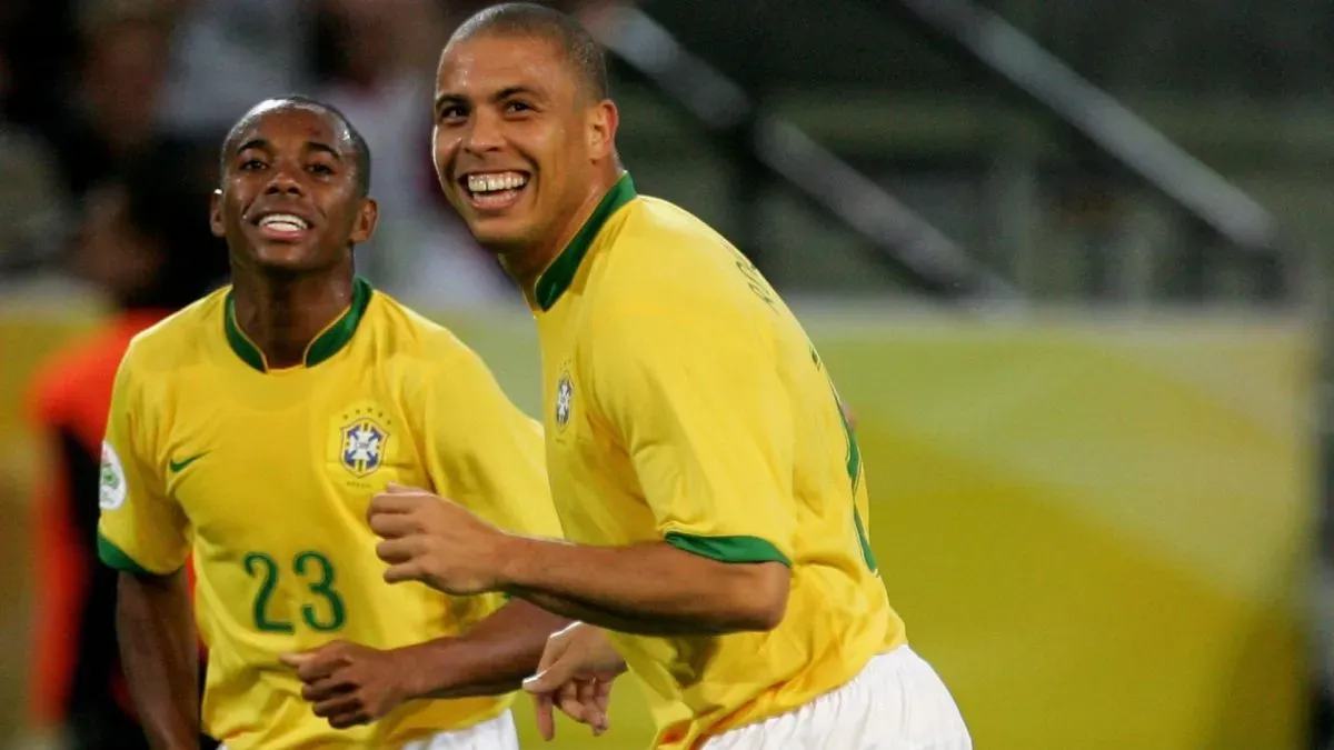 Ronaldo is congratulated celebrates scoring his second goal during the FIFA World Cup Germany 2006 Group F match. (Source: Laurence Griffiths/Getty Images)