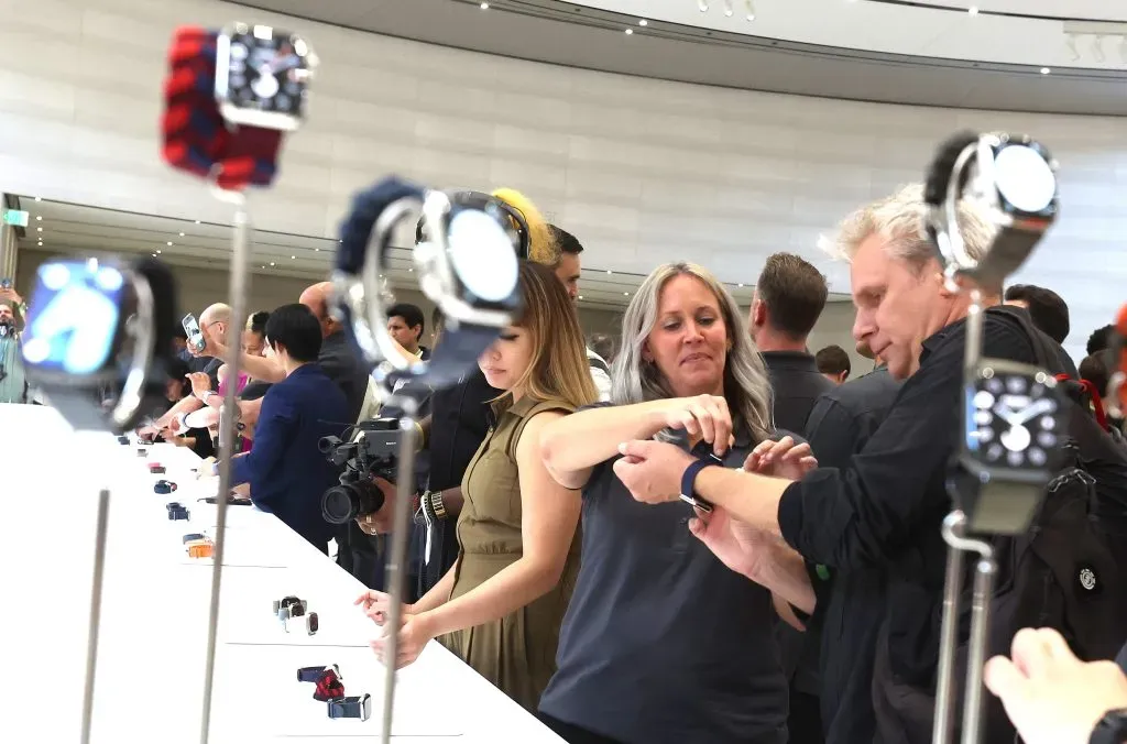 CUPERTINO, CALIFORNIA – SEPTEMBER 12: An attendee tries on a new Apple Watch during an event at the Steve Jobs Theater at Apple Park on September 12, 2023 in Cupertino, California. Apple revealed its lineup of the latest iPhone 15 versions as well as other product upgrades during the event. (Photo by Justin Sullivan/Getty Images)