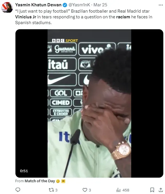 Vinicius Jr has faced multiple incidents of racism while playing in Spain.