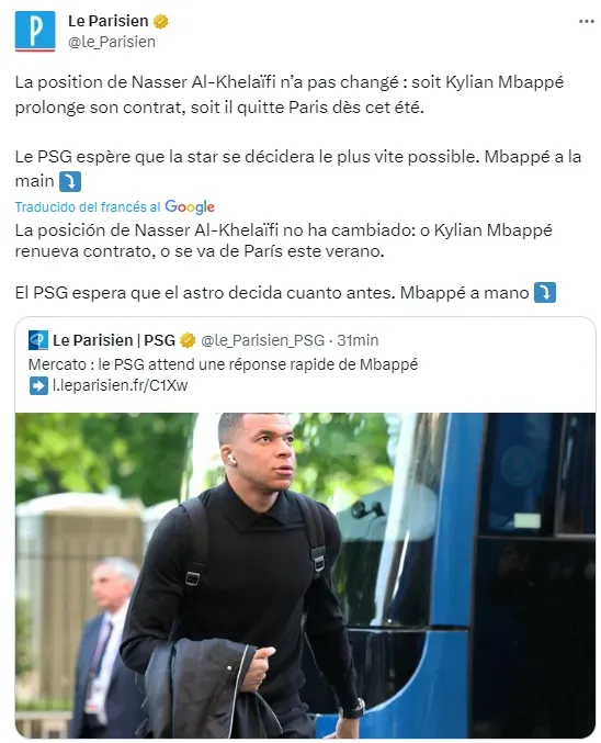 La publicación con la que Le Parisien alertó respecto al presente y futuro de Kylian Mbappé.