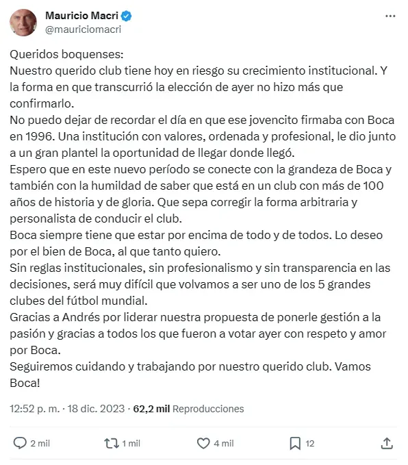 Comunicado completo de Mauricio Macri en redes sociales.